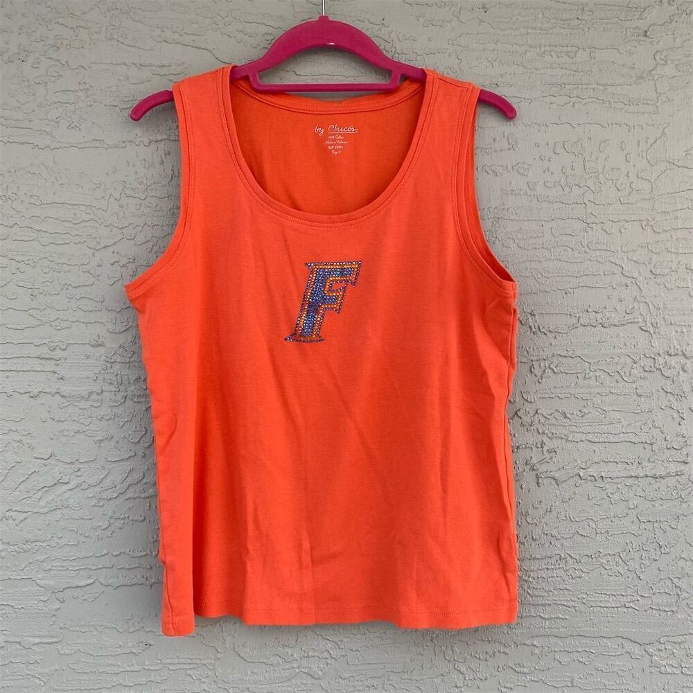 Chico's Women's Orange Tank Top Size 2 Embroidered Casual Sleeveless